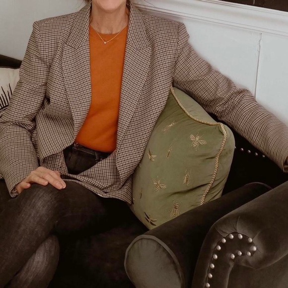 H&M multicolored brown, tan, and black plaid four button front blazer academia - Picture 8 of 8